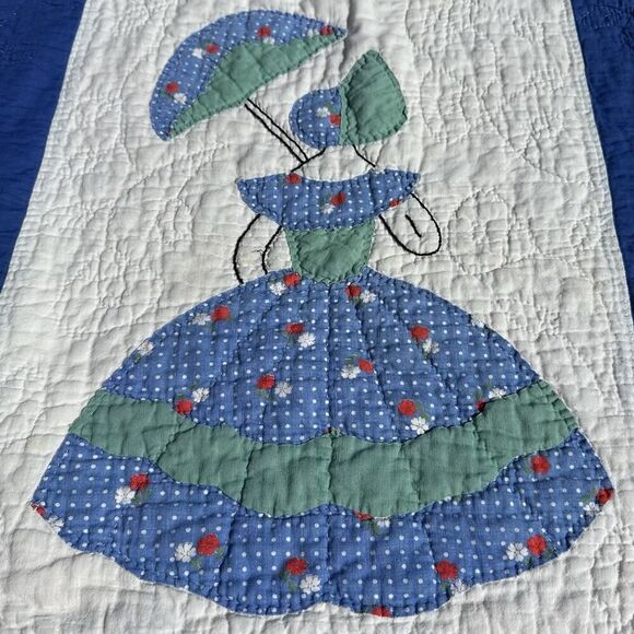 Vintage Parasol Ladies Quilt Hand Stitched Appliqués Blue Border Twin 74”X91” - Picture 8 of 16